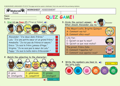 FRENCH-AT SCHOOL- ASSESSMENT- Quiz Test -Key Stage 2 - YEAR 5/6