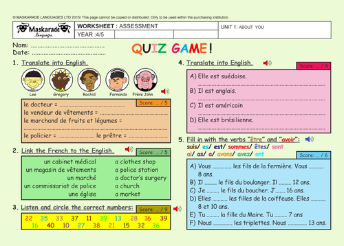 FRENCH- ABOUT YOU- ASSESSMENT - Quiz test- Key stage 2 - Year 5/6