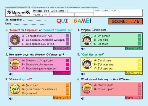 FRENCH- ABOUT YOU- ASSESSMENT- Quiz test - Key Stage 2