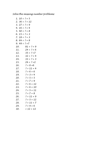 division missing number problems y3 teaching resources