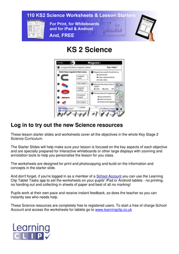110 KS2 FREE Science Worksheets and Lesson Starters - for Print, Whiteboard and Tablets