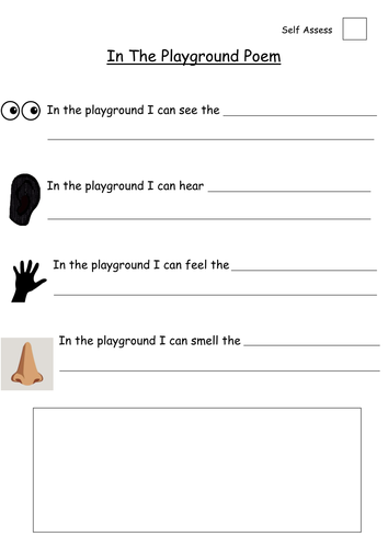 Children write sentences about their senses in the playground. I can see, hear, touch,...