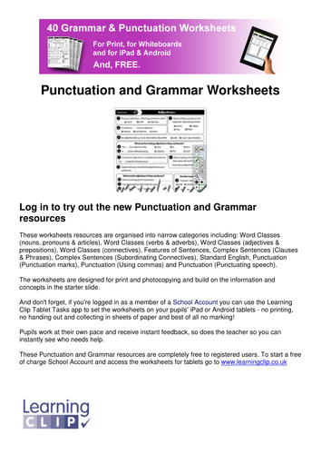 40 KS2 FREE Grammar and Punctuation Worksheets - for Print, Whiteboard and Tablets