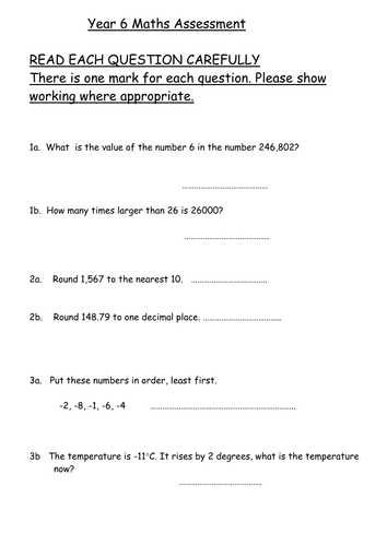 Year 6  Maths Baseline assessment 