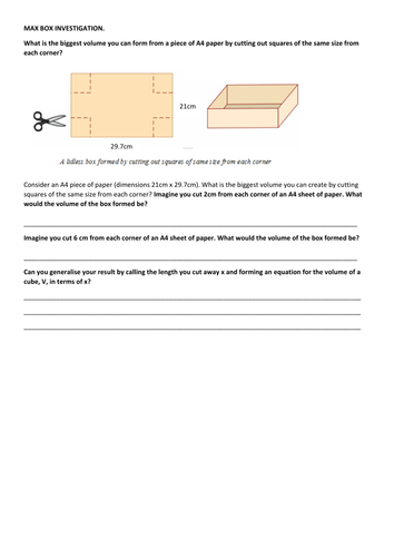 MAXBOX: Maths Investigation on Volume, Area, IT (Excel) Optional