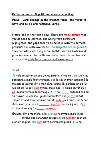 Gap fill and error correcting : verbs in the present and reflexive verbs French grammar practice.