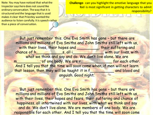 The influence of the Inspector's final speech in An Inspector Calls. Includes role play.