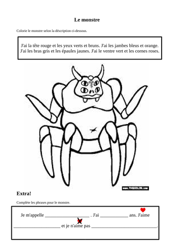 KS2 Monster reading activity - practice colours and body parts