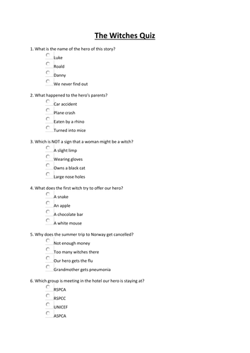 "The Witches" by Roald Dahl Crossword Puzzle and Quiz