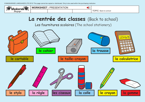 Les fournitures scolaires online activity