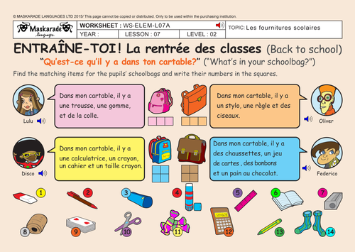 FRENCH-3RD/4TH GRADES- AT SCHOOL : School stationery/ Counting up to 30