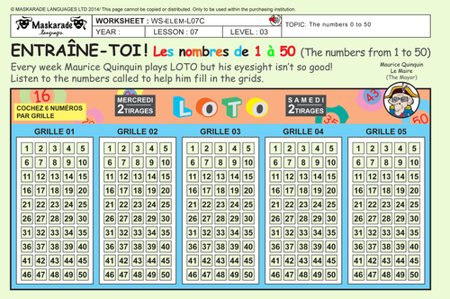 FRENCH - 4TH/5TH GRADES - AT SCHOOL : Counting up to 50/ Numbers 0-50/ Playing the lottery