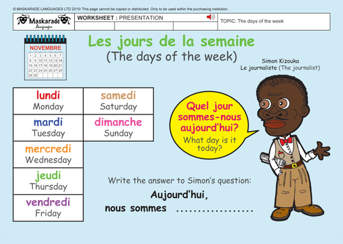 FRENCH - 2ND/3RD GRADES- AT SCHOOL: The days of the week