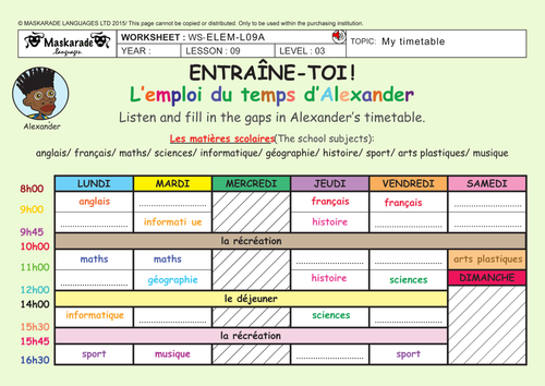 FRENCH - 4TH/5TH GRADES - AT SCHOOL:  My school subjects and timetable