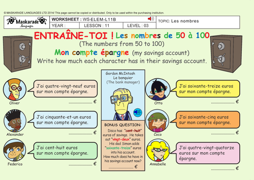FRENCH - 4TH/5TH GRADES - AT SCHOOL: Counting up to 100/ Numbers 0 to 100/ European currency
