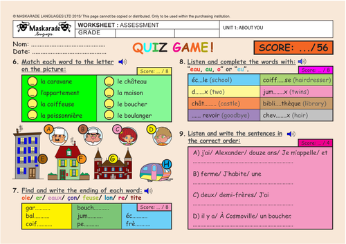 FRENCH - ABOUT YOU UNIT - ASSESSMENT - QUIZ TEST - 3RD TO 4TH GRADES