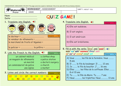 FRENCH - ABOUT YOU UNIT - ASSESSMENT - QUIZ TEST - 4TH TO 5TH GRADES