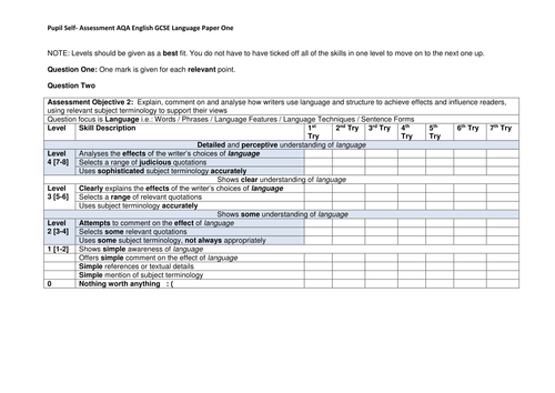 Pupil Self Assessment Grid AQA GCSE English Language Paper One (new Spec)