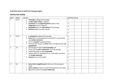 IGCSE English First Language Exam Self Assessment Sheet