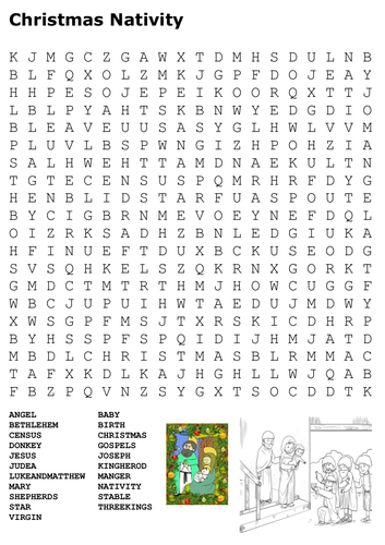 Christmas Nativity Word Search and Color
