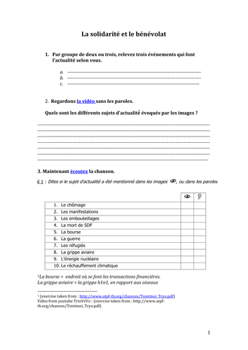 Lesson on 'Solidarité' 'Pauvreté'  'Sans Abris'  'bénévolat' World Issue