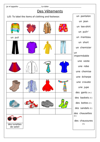 FRENCH - CLOTHES - Des Vêtements Worksheets
