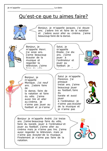 French Hobbies Qu Est Ce Que Tu Aimes Faire Worksheets Teaching Resources