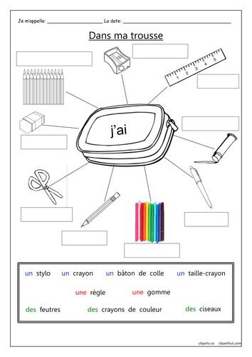 FRENCH - Pencil case items - Dans Ma Trousse - Worksheets