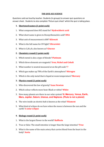 End of year KS3 Science Quiz 2