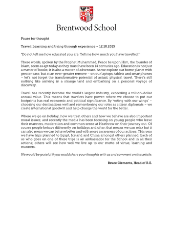 Travel: Learning and living through experience