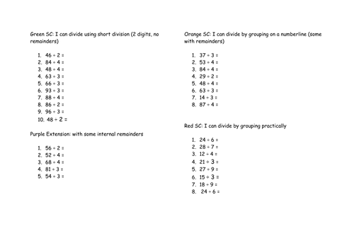 division worksheets 4 levels key stage 2