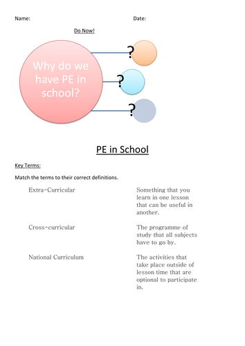 AQA Spec. 3 lessons on School and PE including PESSYP, PESSCL, National Healthy Schools Programme.