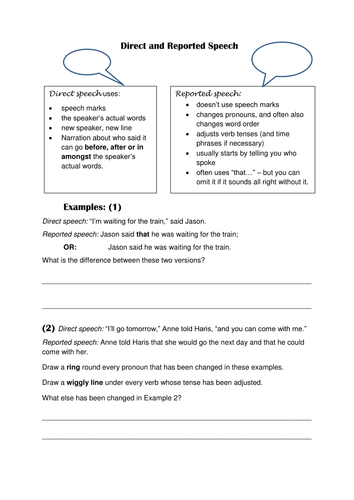 direct and reported speech worksheets with optional powerpoint teaching resources