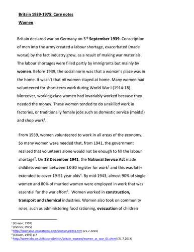 core notes: GCSE British Depth study - Women  1939-75