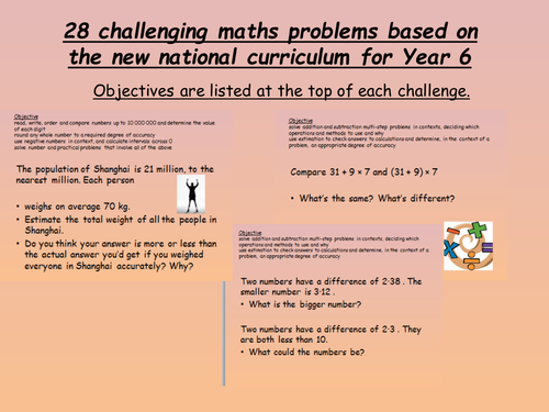 28 year 6 challenges based on new curriculum objectives