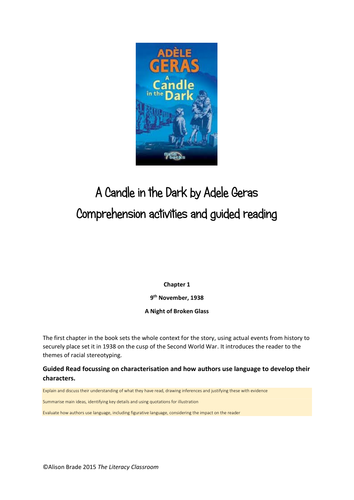 A Candle in the Dark by Adele Geras  Comprehension activities and Guided Reading