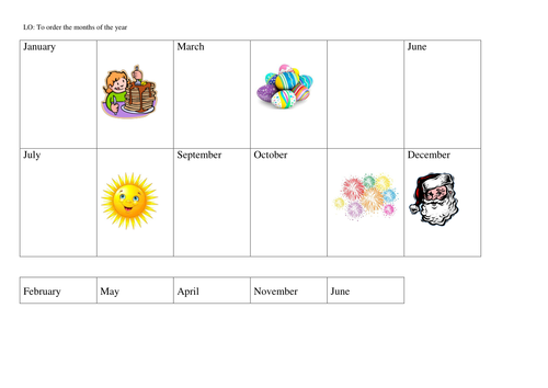 Year 1 or FS2 Ordering months of the year
