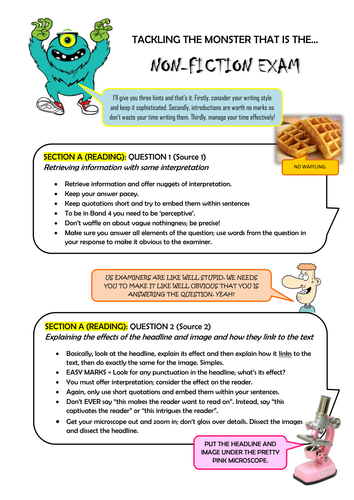 AQA Non-fiction exam 2-page revision guide - BITESIZE TIPS for questions 1-4