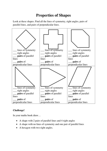 Properties of shapes KS2 worksheet