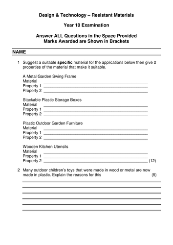 Year 10 /11 Resistant Materials Exam