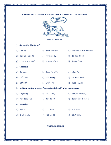 year 7 and 8 algebra quiz 30 questions by math