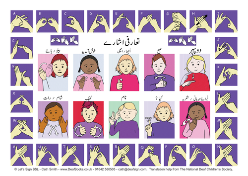 British Sign Language (BSL) Greetings Signs & Fingerspelling Alphabet with Urdu translated wording.