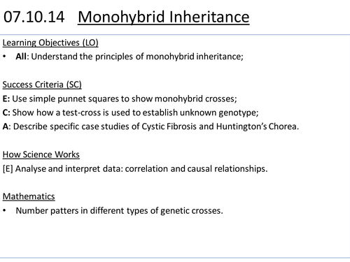 Advanced Biology (8th-12th grade) - Inheritance - 2 - Monohybrid Inheritance.