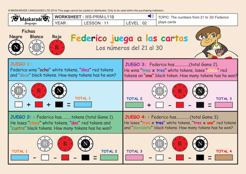 SPANISH-AT-SCHOOL-Y3-Y4: Numbers 0 to 30/ Counting up to 30/ Adding numbers up to 30