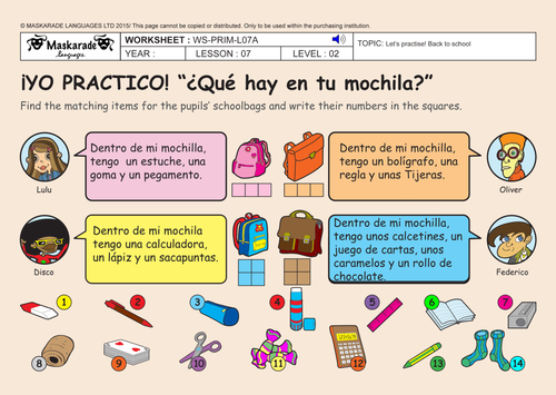 SPANISH-AT-SCHOOL-Y4-Y5: The school stationery/ The numbers up to 30/ Your schoolbag 