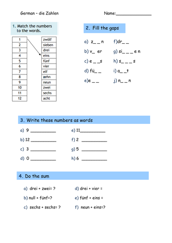 German numbers worksheets