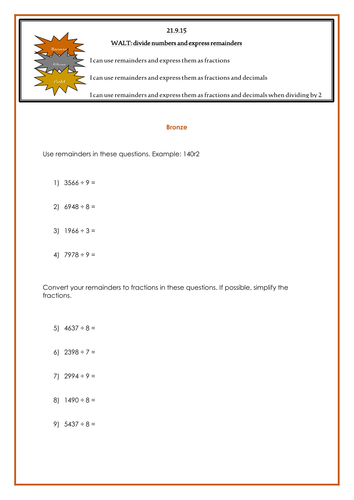 Division (remainders as fractions and decimals)- differentiated