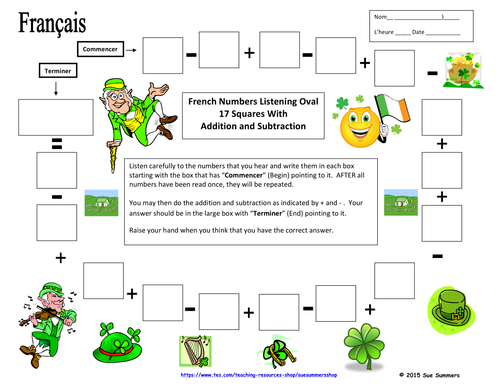 French Numbers and Math Listening Activity St. Patrick's Day Theme