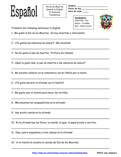 Spanish Day of the Dead / Dia de los Muertos Sentences Homework