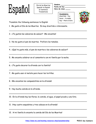 Spanish Day Of The Dead Dia De Los Muertos Sentences Homework Teaching Resources